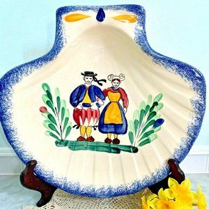 Shell Shape Dish Hand Painted Peasant Country Couple Faience Bretagne Fran…